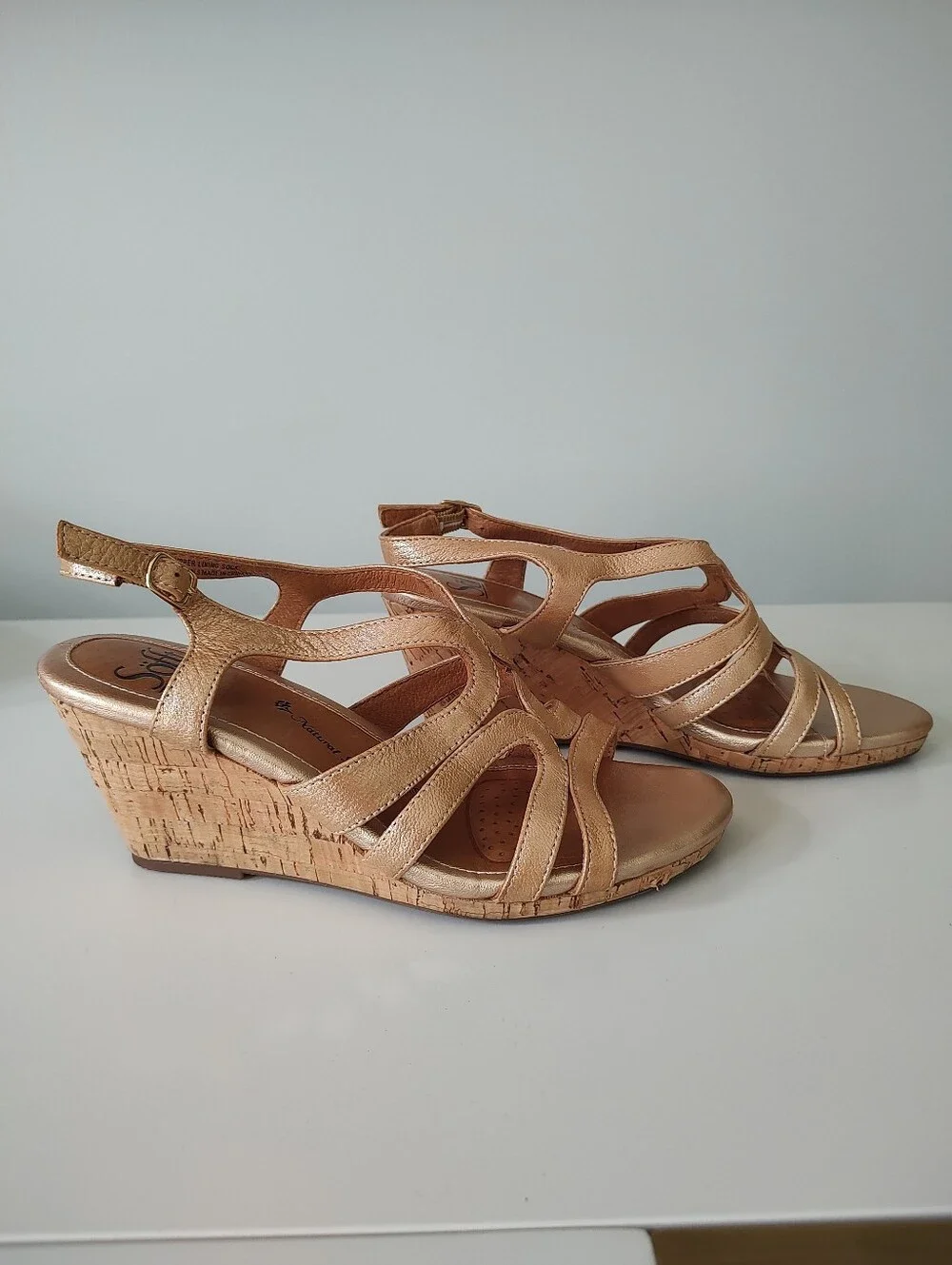 Sofft Gold Metallic Cork Wedge Heel Sandals 7.5